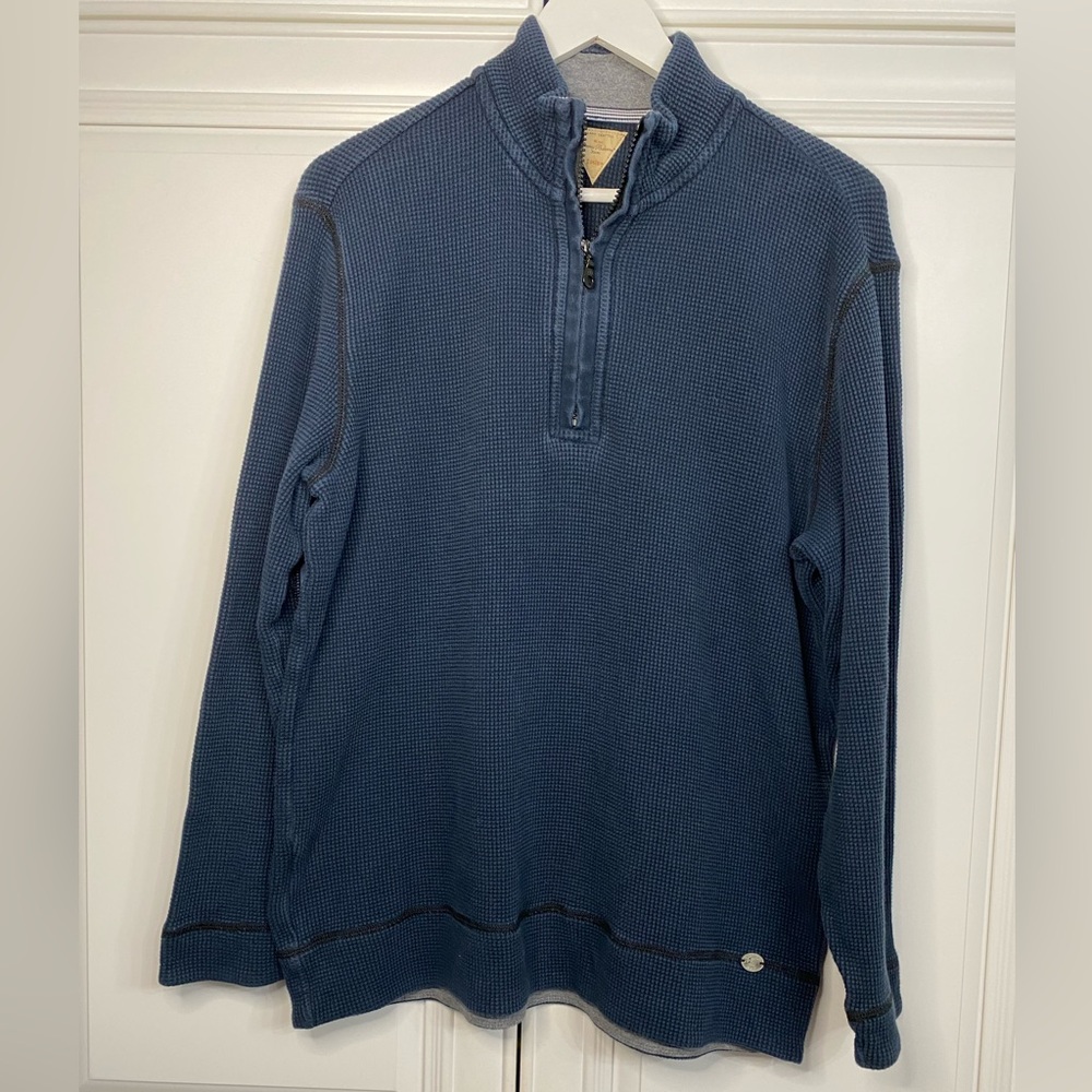 Tommy Bahama Jeans Men’s Medium Blue Waffle Knit 1/2 Zip Stand Up Collar Sweater